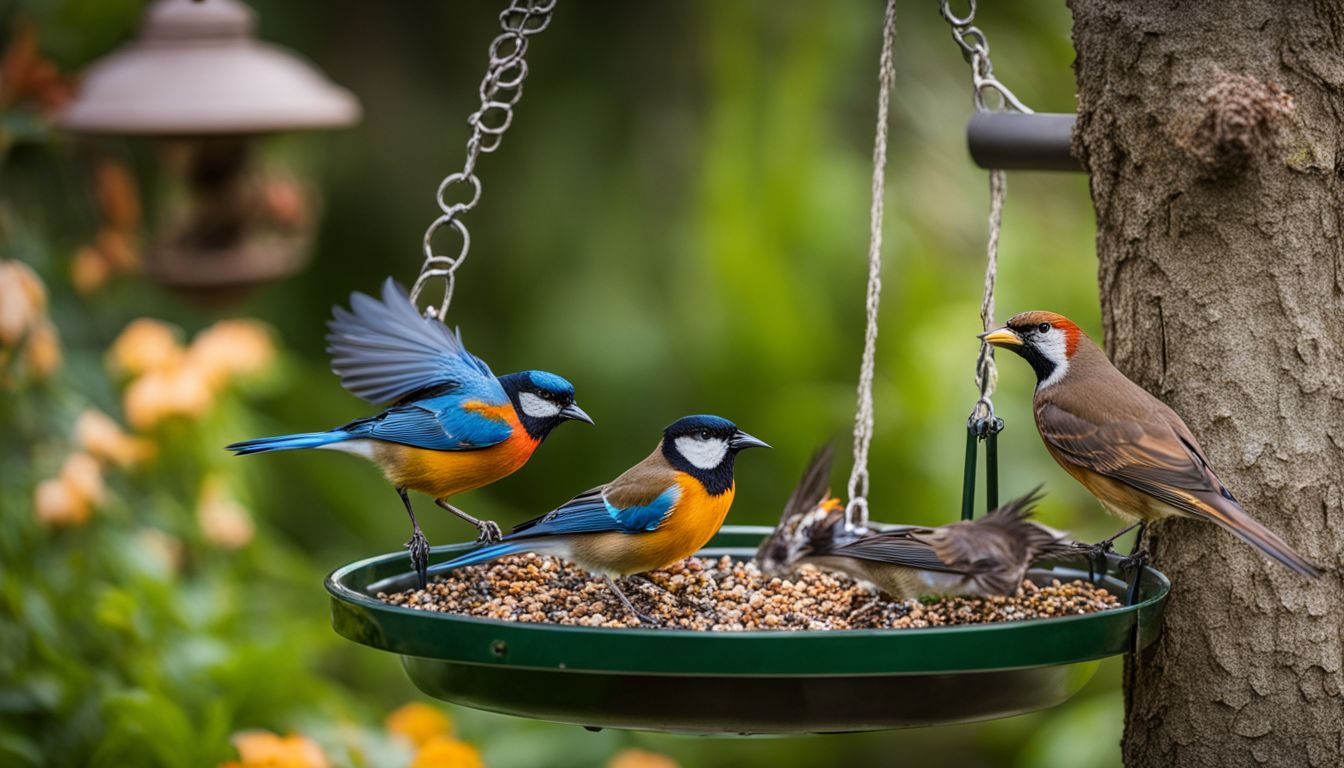 Colorful birds perched on a bird feeder in a lush garden.