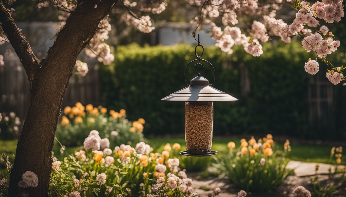 A bird feeder hanging in a backyard garden with blooming flowers.