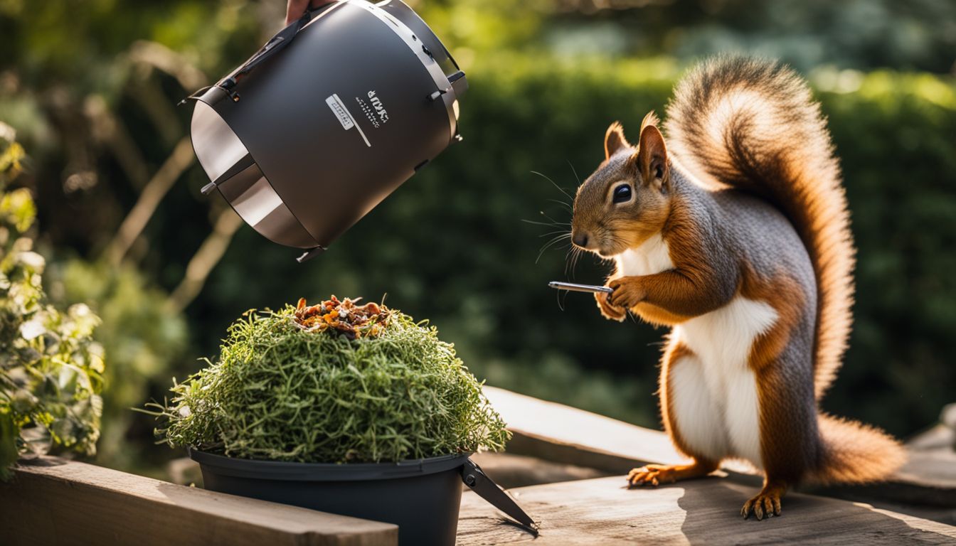 A squirrel baffle being checked and adjusted in a backyard garden.