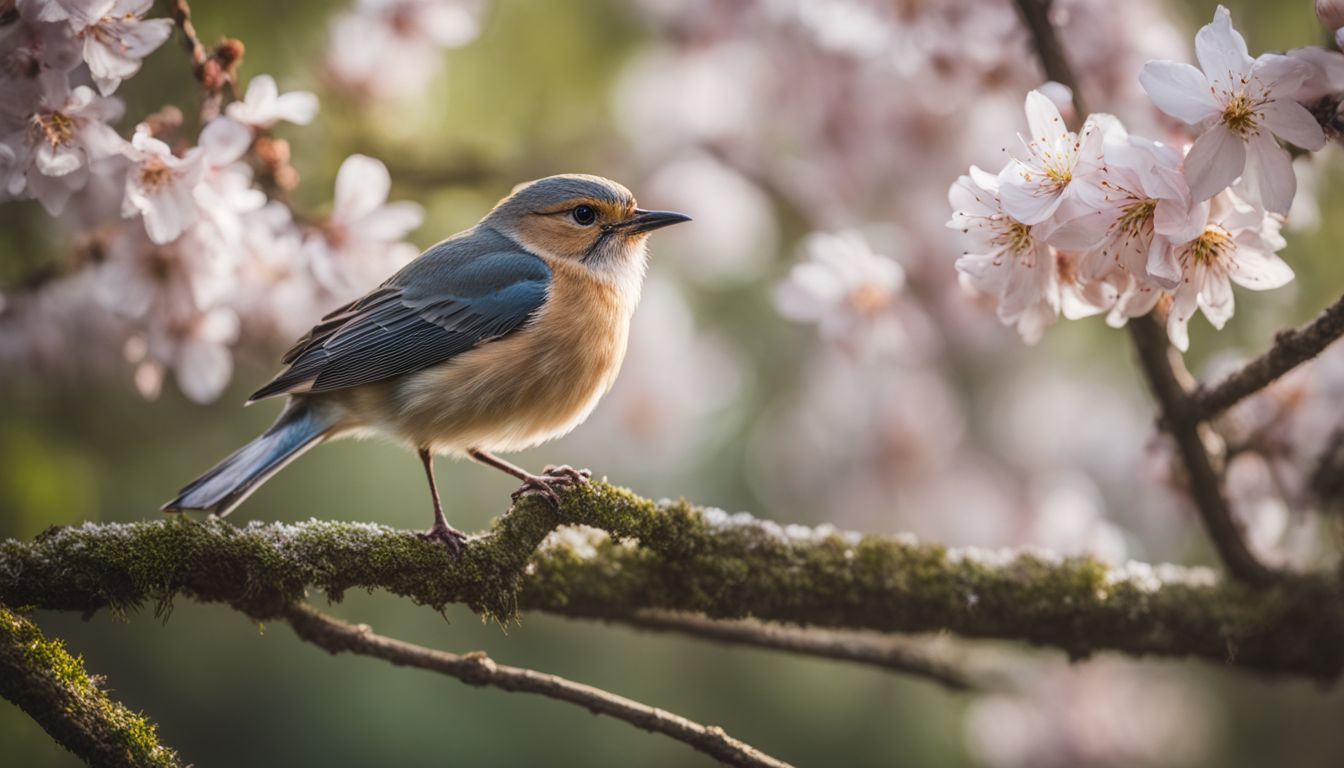 A bird perched on a blooming tree branch in a lush forest.