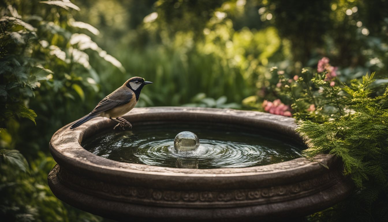 A bird bath in a lush garden surrounded by greenery.