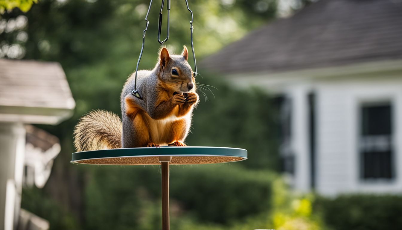 A DIY squirrel baffle hanging on a bird feeder pole in a garden.