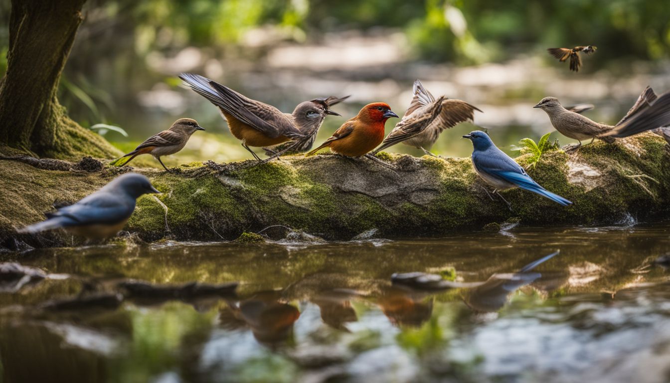 A diverse mix of wild birds feeding in a lush, natural setting.