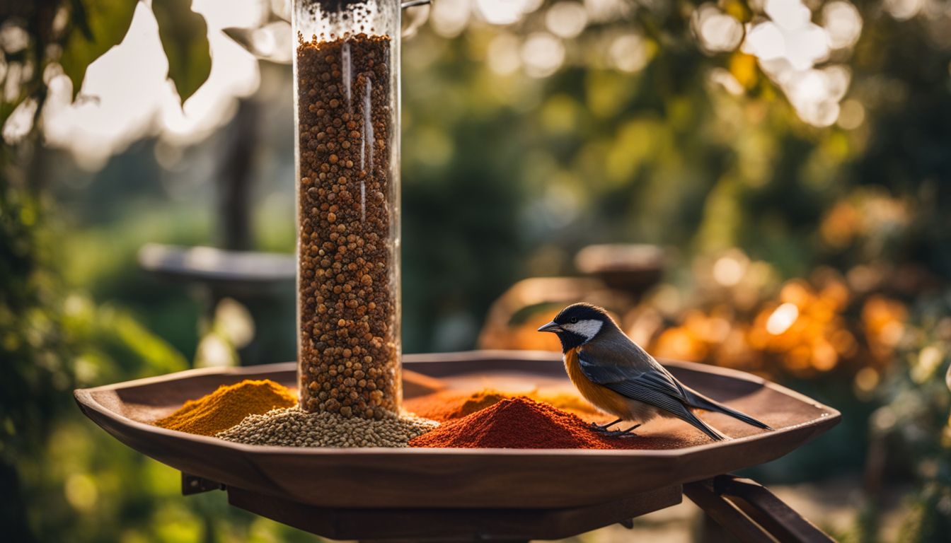 A bird feeder with hot spices in a garden.