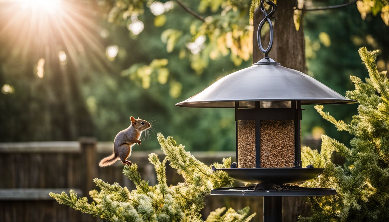 A DIY squirrel baffle attached to a bird feeder in a garden.