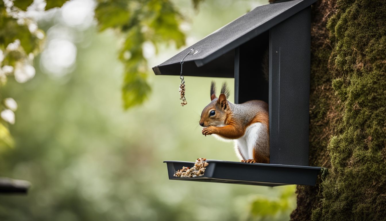 A squirrel reaching for a bird feeder in a garden.