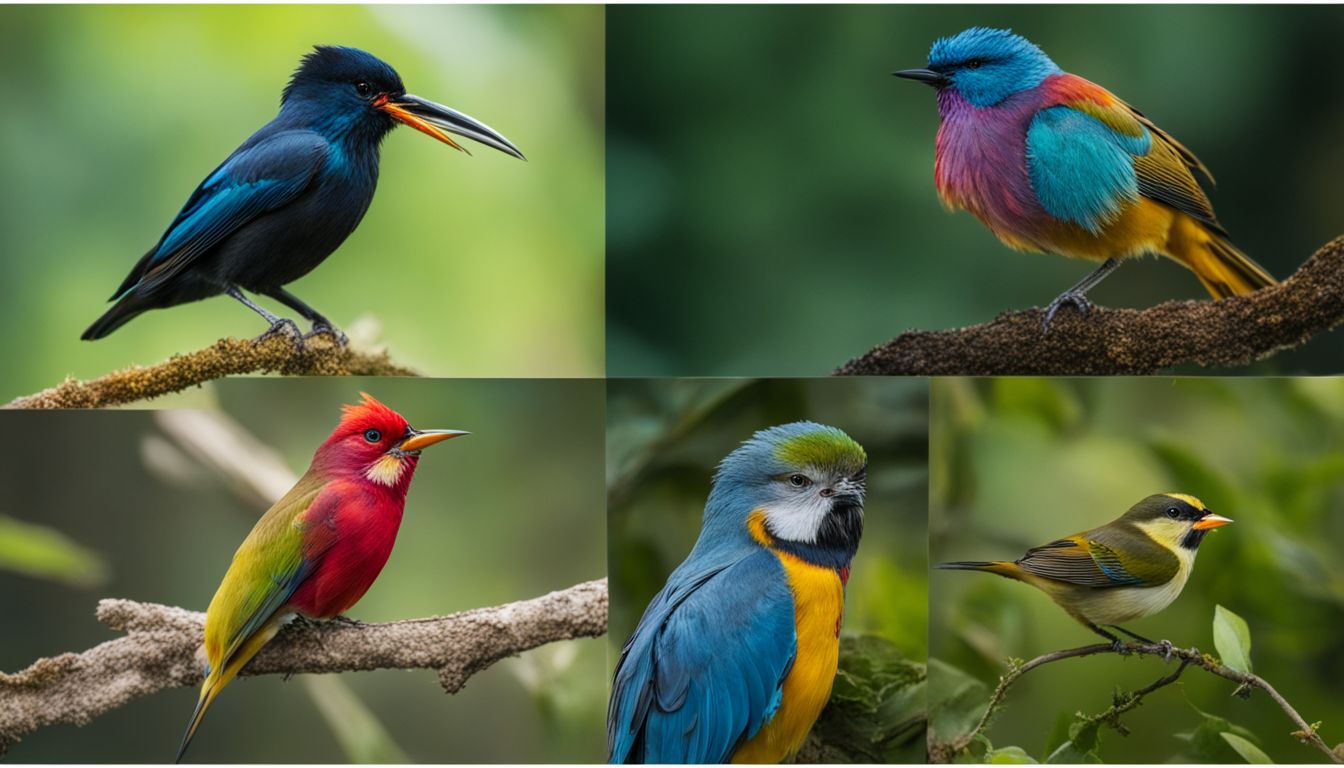 A variety of colorful birds perched in lush, natural environment.