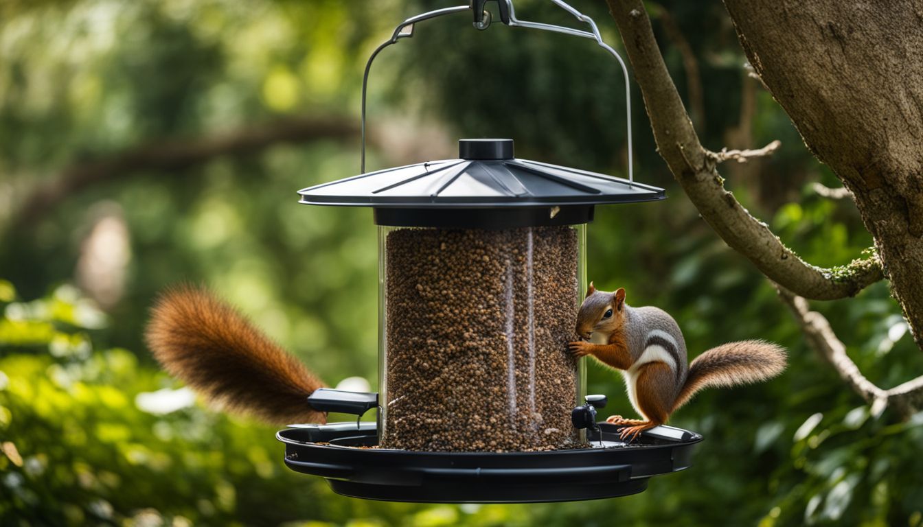 A squirrel-proof bird feeder in a vibrant garden setting.