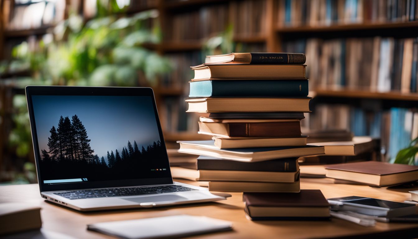 A stack of books and a laptop in a quiet library.
