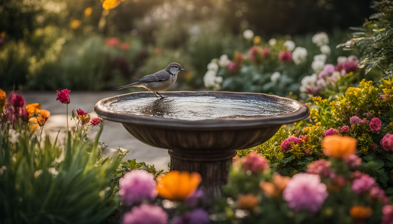 A serene bird bath surrounded by vibrant flowers in a garden.