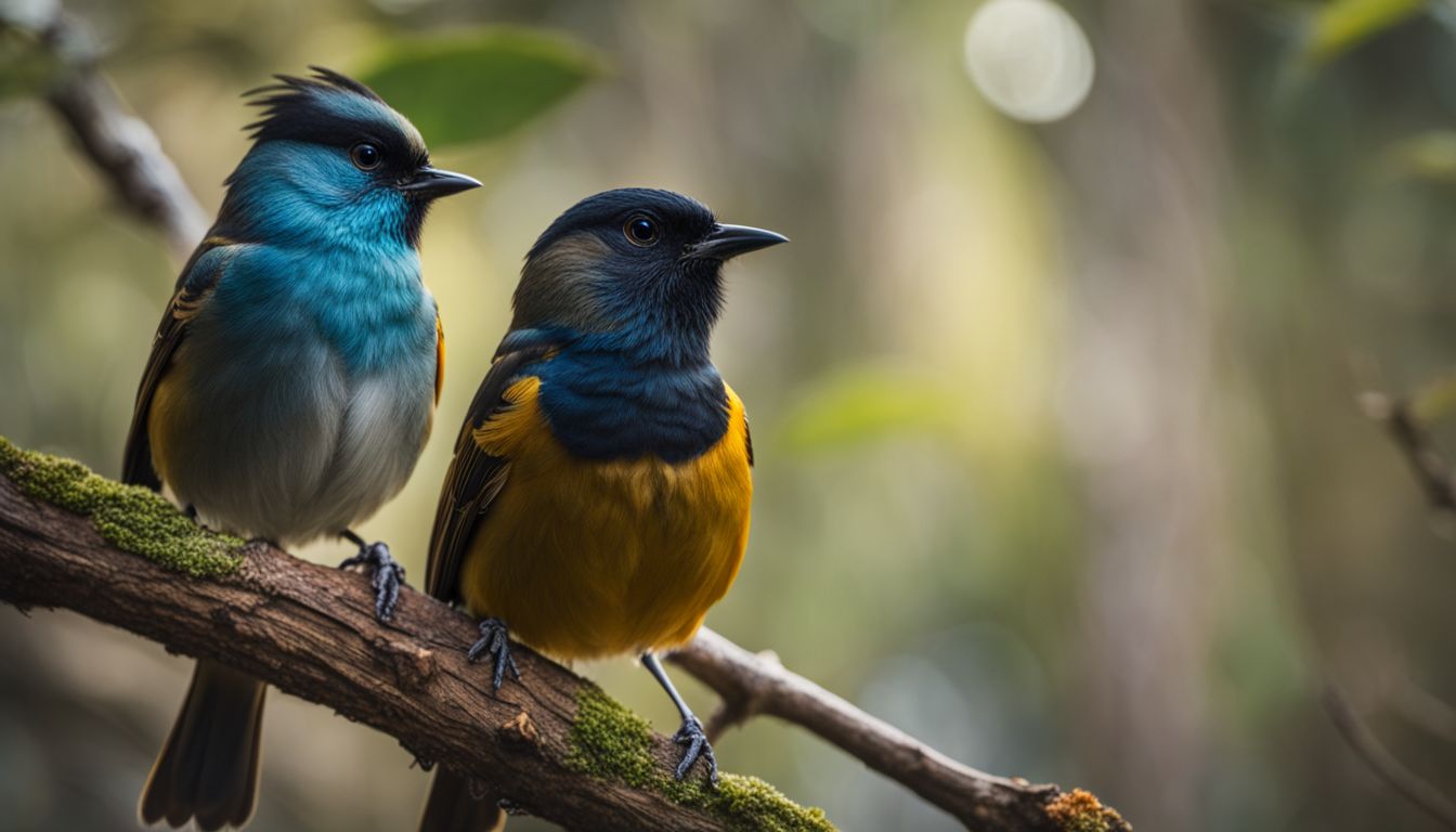 Colorful songbirds perched on a tree branch in a serene forest.
