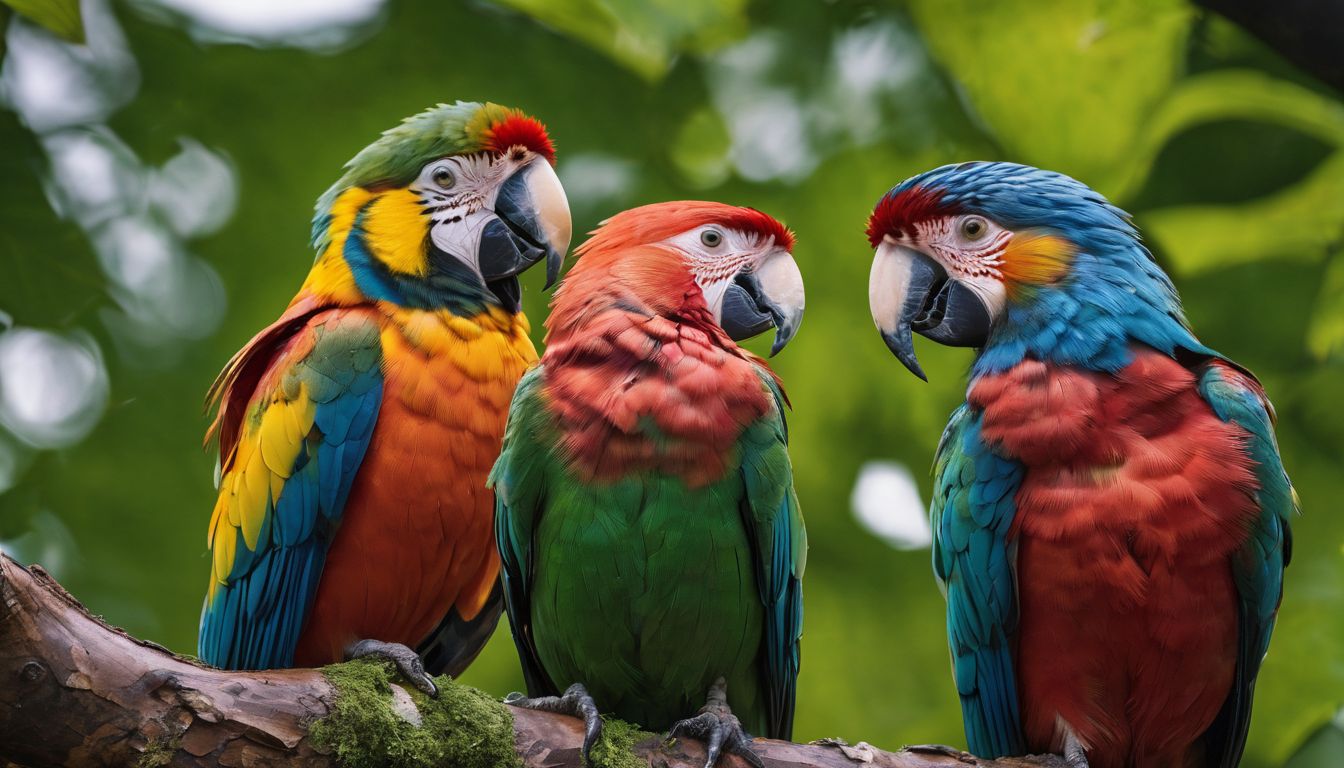 A group of colorful birds perched in a lush forest.