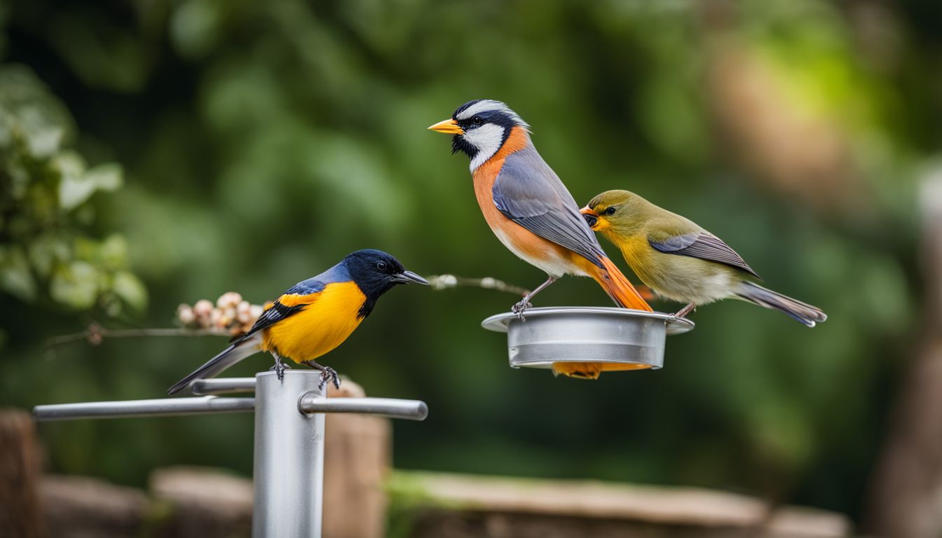 A variety of colorful birds perched on a backyard feeder.