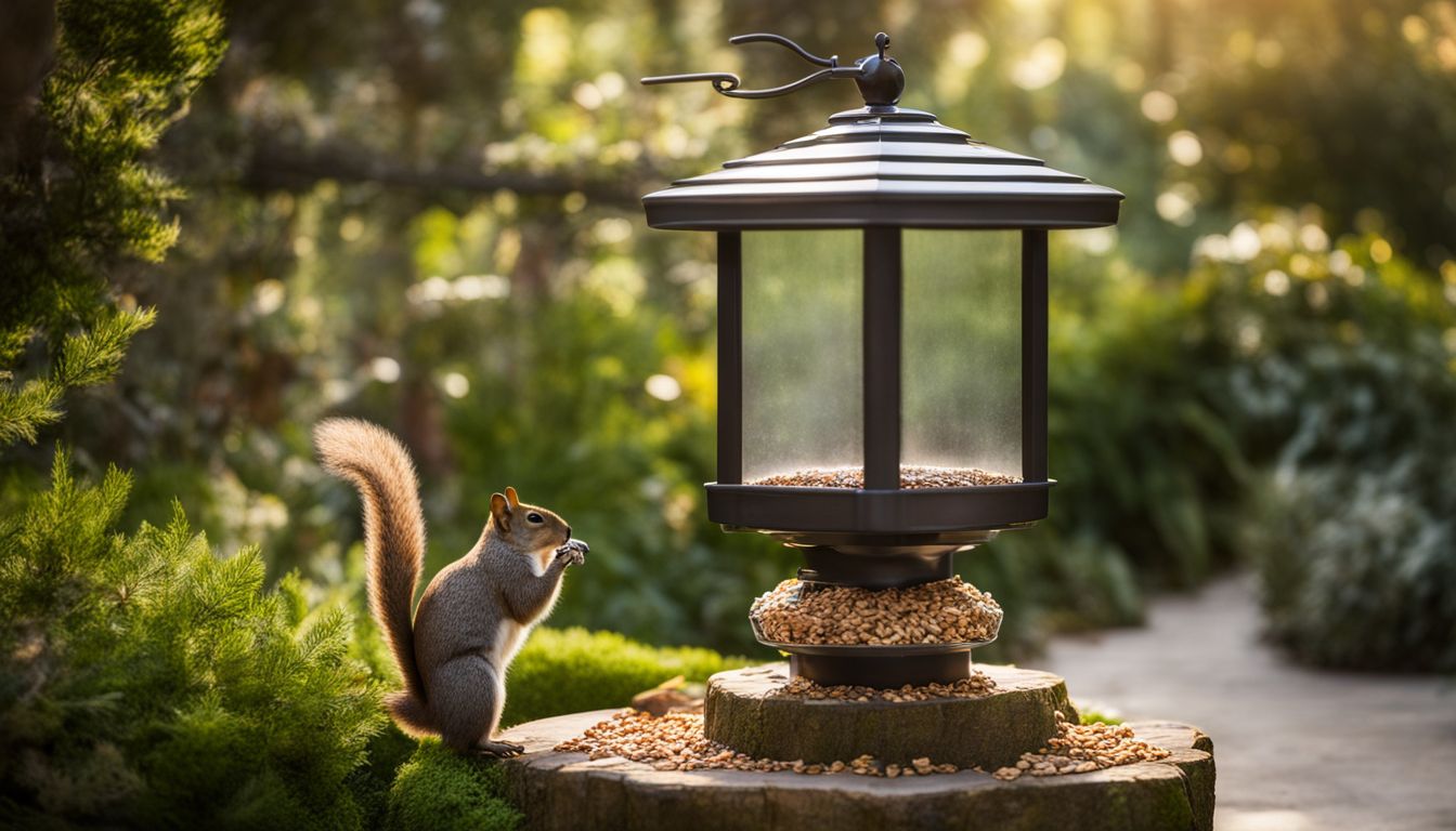 A squirrel baffled bird feeder in a lush garden.