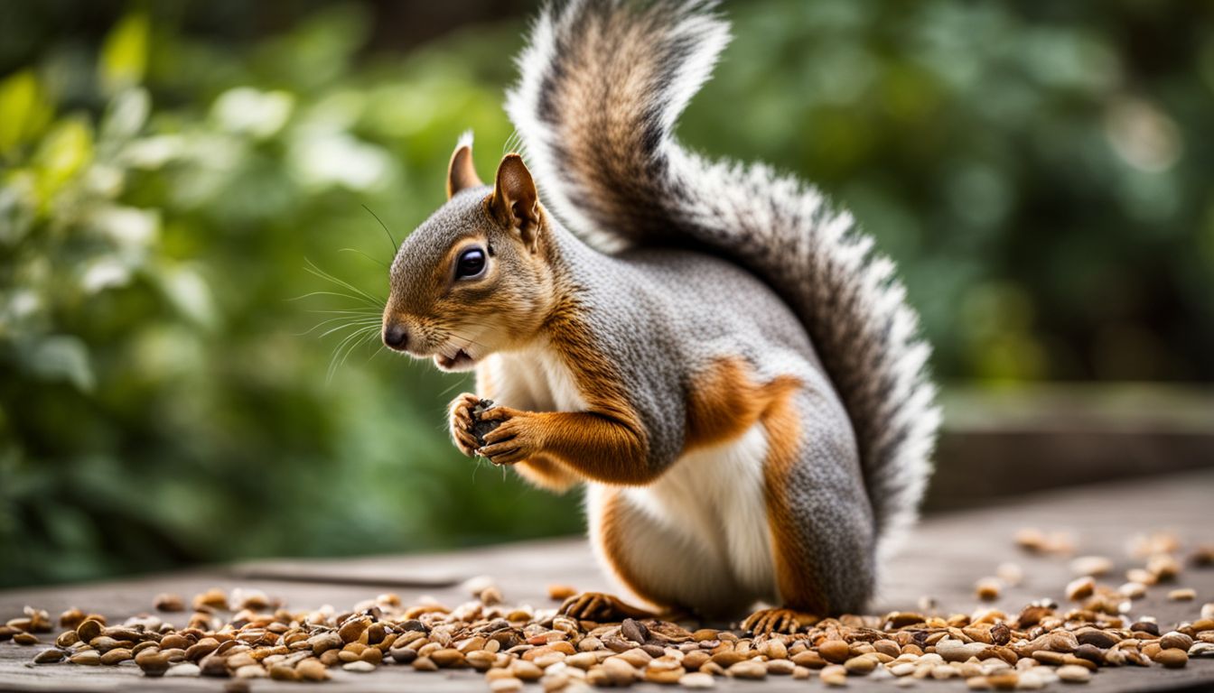 A determined squirrel stealing bird seeds in a backyard garden.