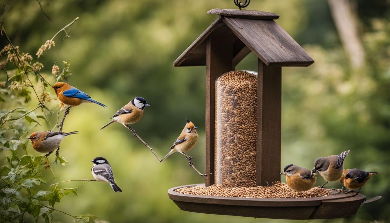 A rustic wooden bird feeder with a variety of bird seed.