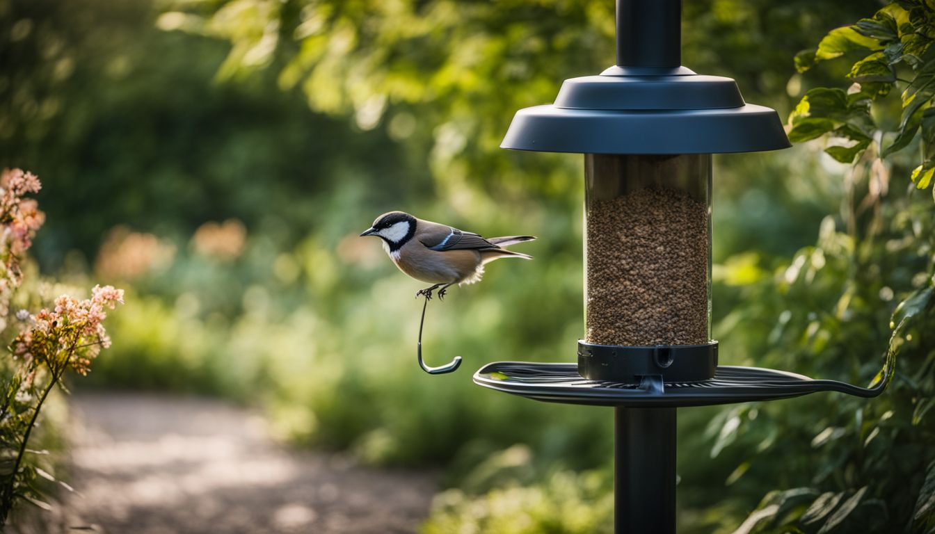 A bird feeder stands in a lush garden with no humans.