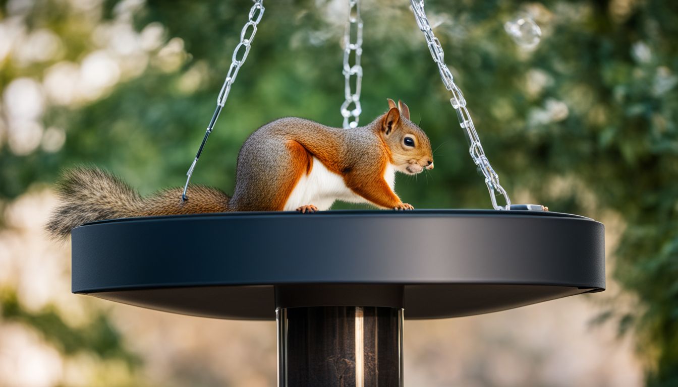 A squirrel baffle installed on a bird feeder pole in a garden.