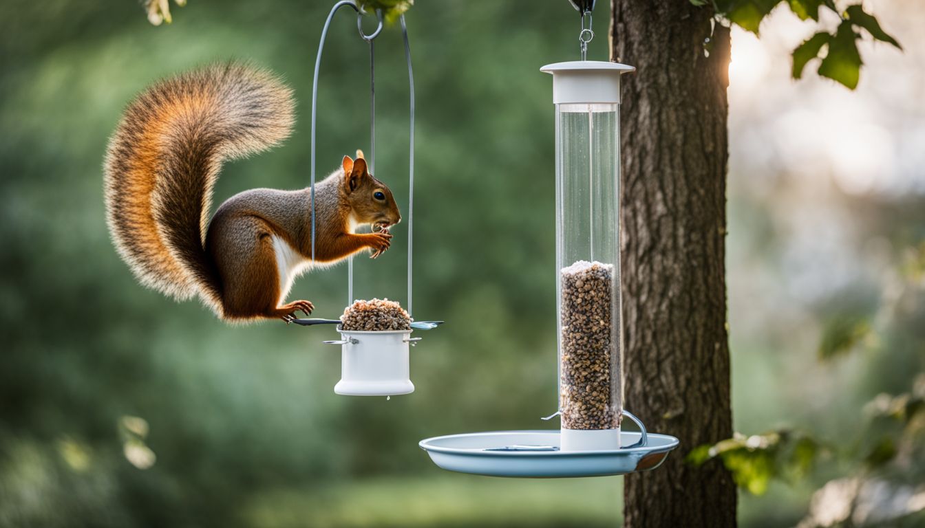 A garden with squirrel baffles attached to bird feeder poles.