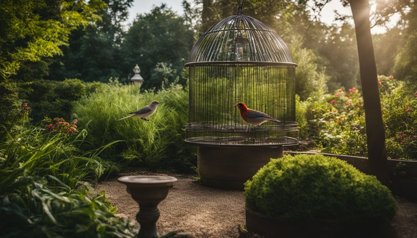 A bird feeder with a wire dome in a lush garden.