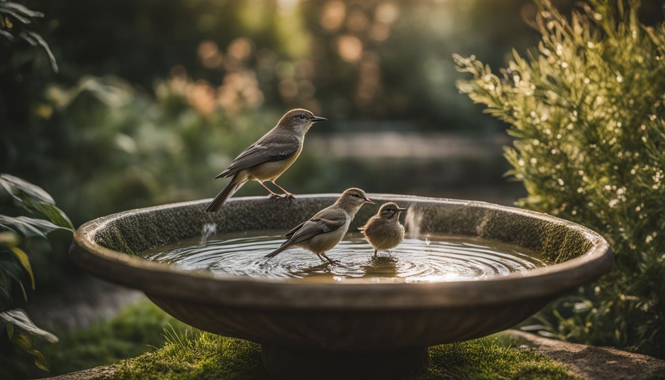 A bird bath surrounded by lush greenery in a bustling atmosphere.