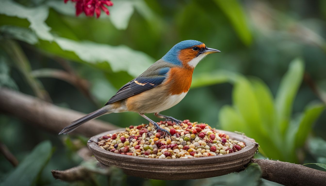 A colorful bird feasting on seeds in a lush garden.