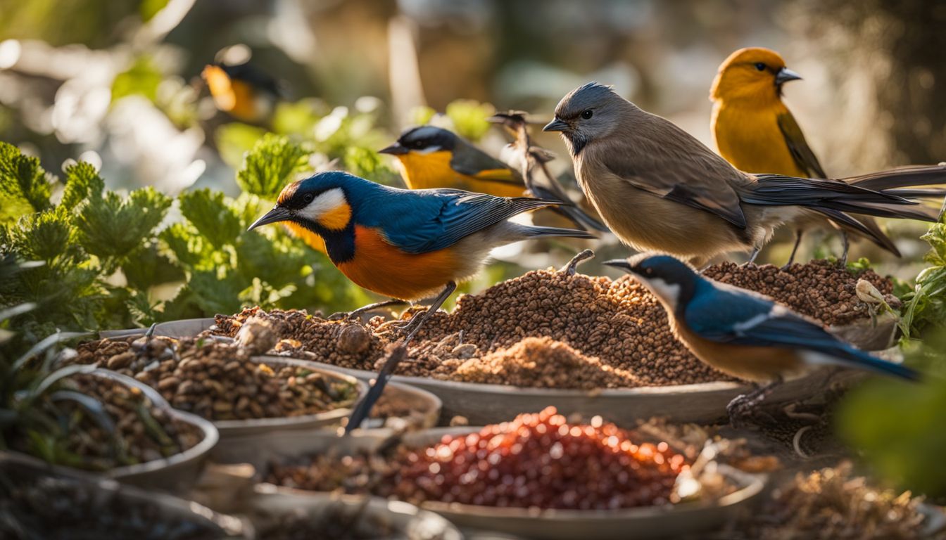 A diverse group of colorful birds feeding on seeds in a backyard garden.