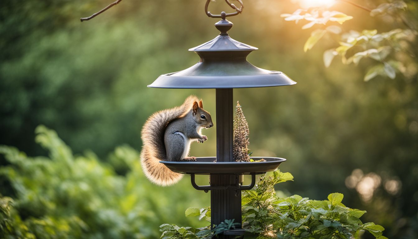 A squirrel perched on a bird feeder in lush greenery.