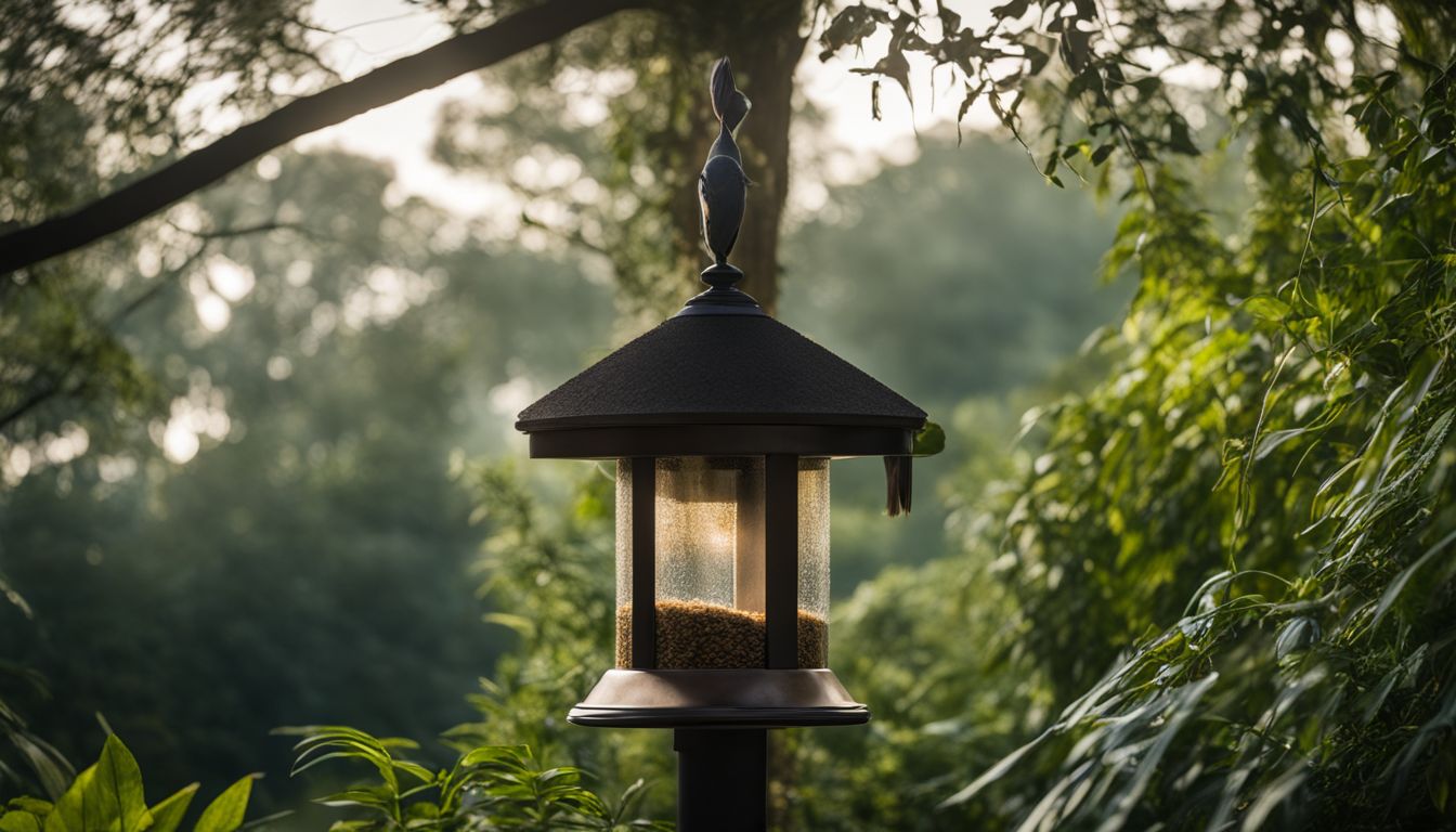 A bird feeder surrounded by lush greenery in a bustling atmosphere.