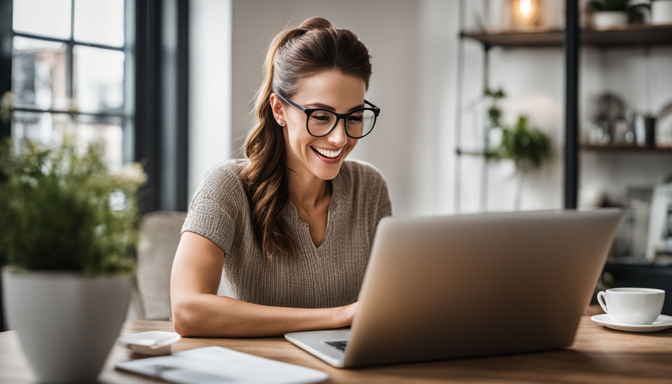 A person in a home office environment smiling at successful affiliate marketing results on a laptop.