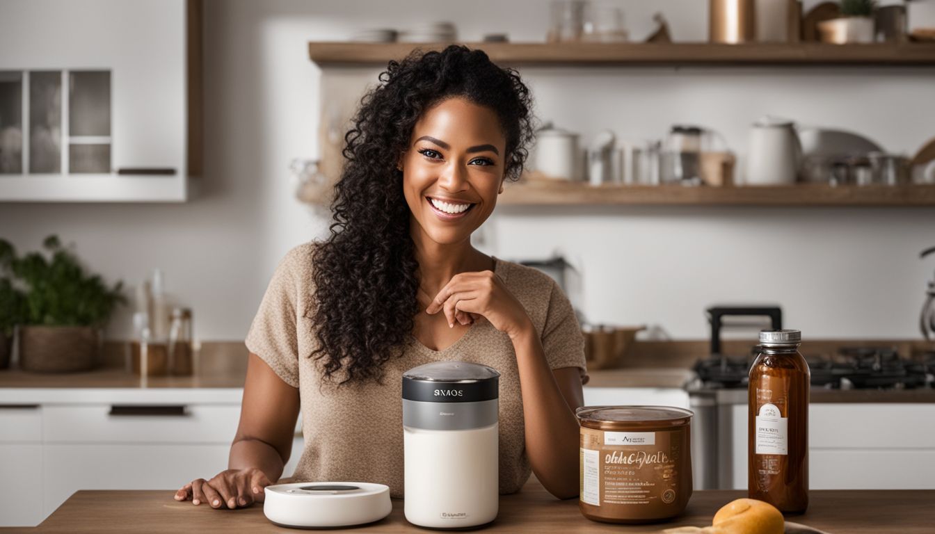 A woman smiling while holding a product in a well-lit kitchen.