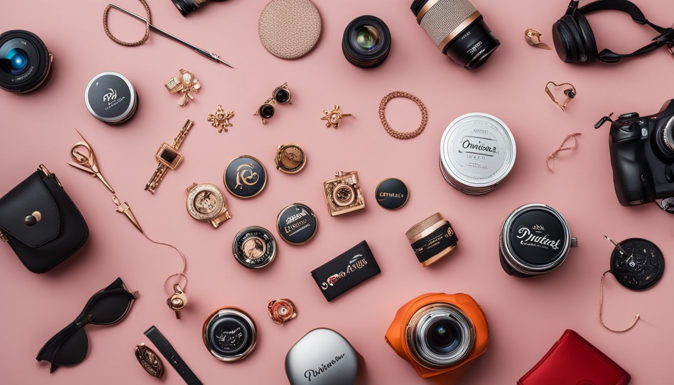 A vibrant flat lay of colorful product pins surrounded by Pinterest branding, showcasing various fashion and style options.