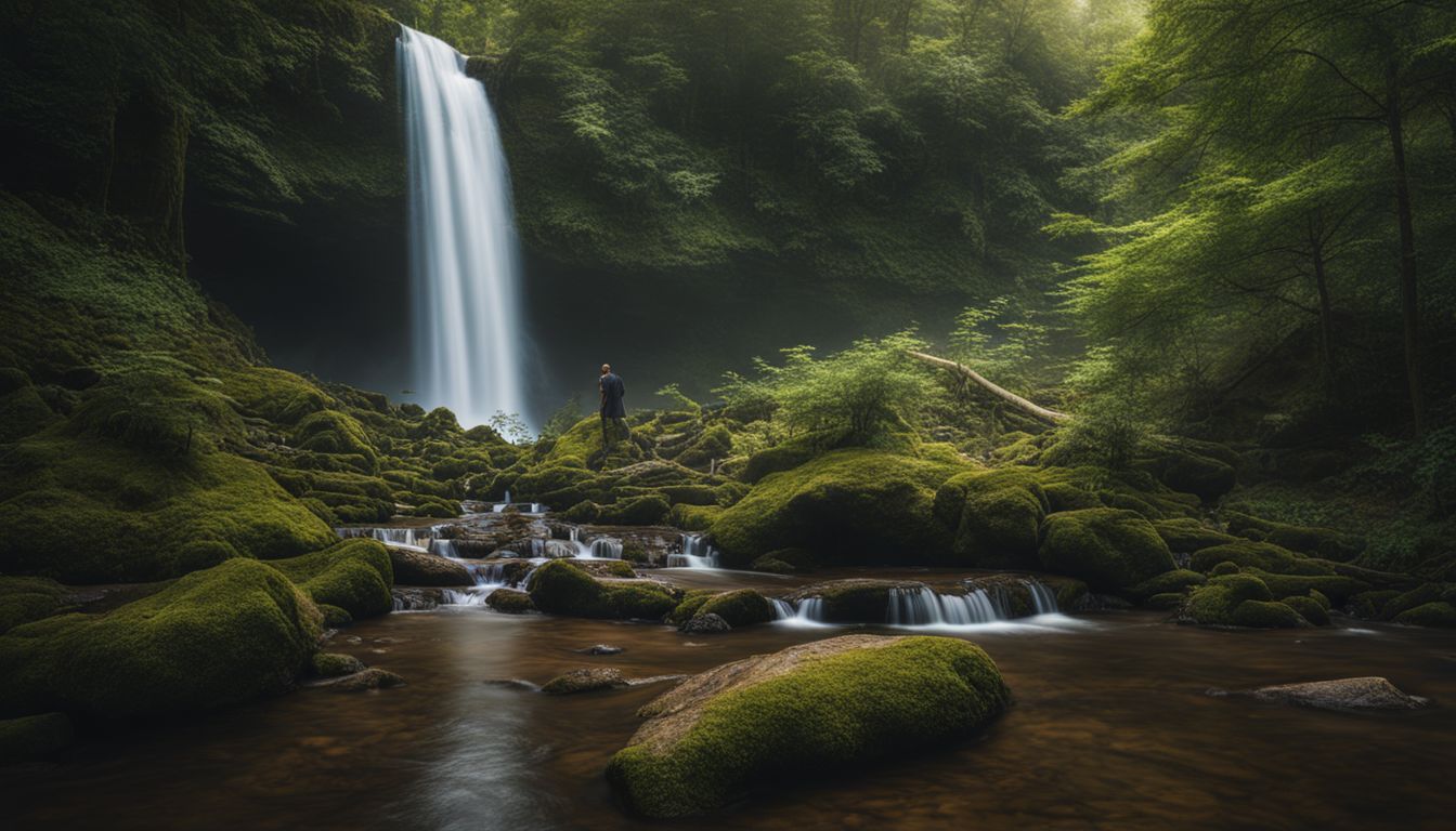 A tranquil waterfall in a lush forest setting, captured in nature photography with different people and outfits.