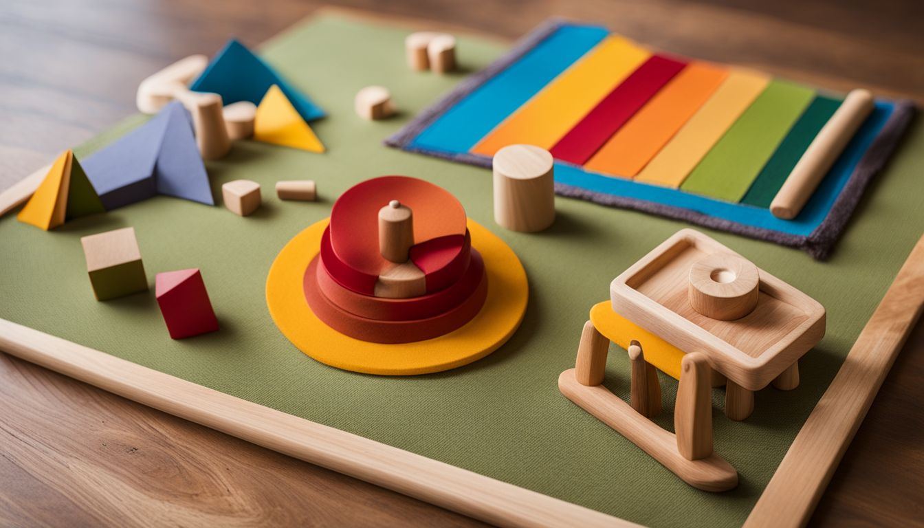 A wooden Montessori toy set on a sensory play mat.