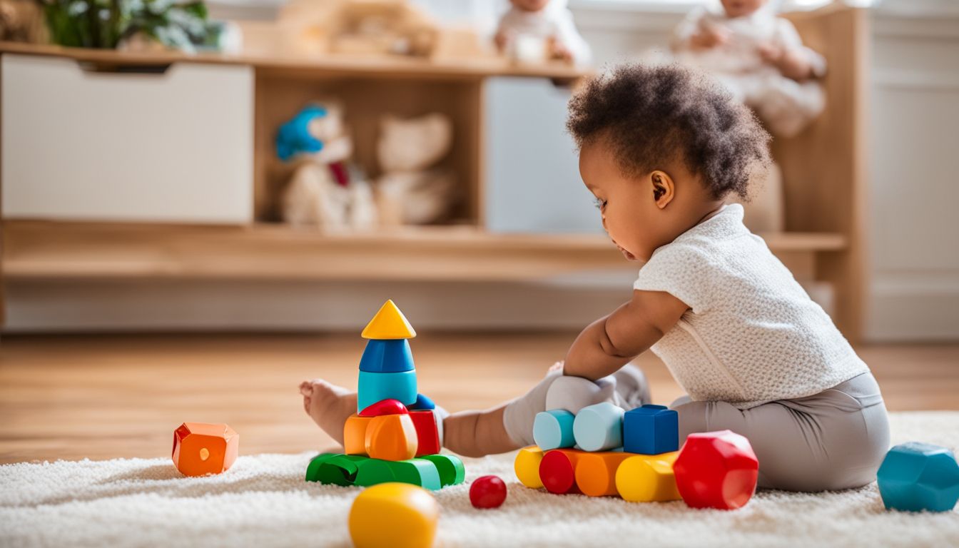 Baby playing with Montessori toys in bright, child-friendly room.