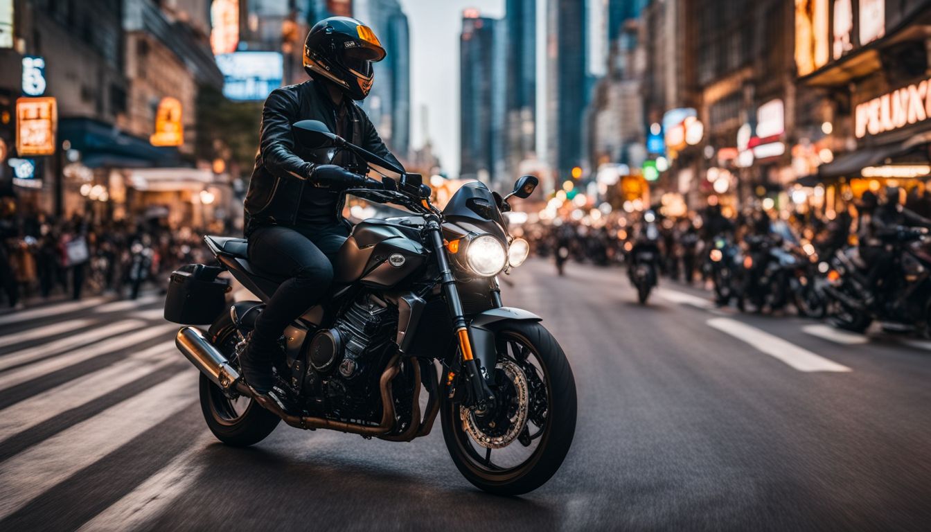A motorcycle rider navigating busy city streets obeying traffic laws.