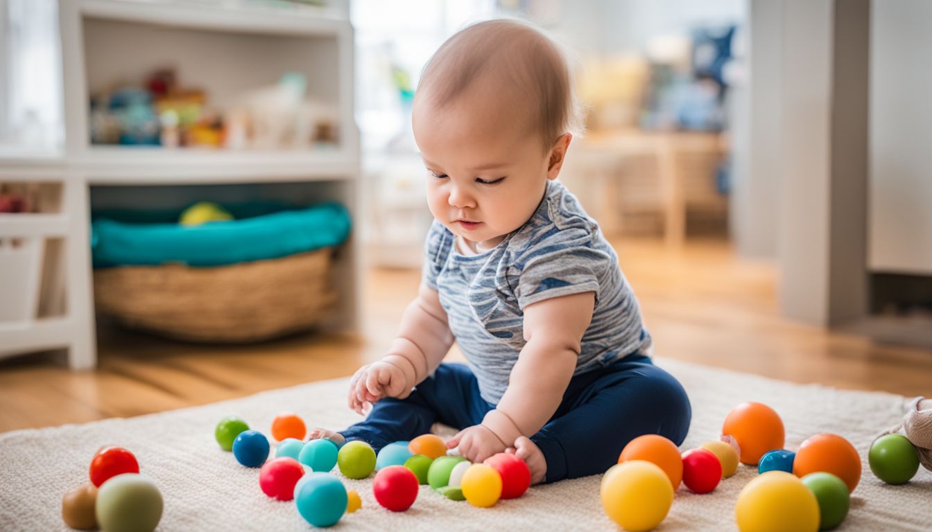 An infant exploring Montessori sensory toys in a natural nursery.