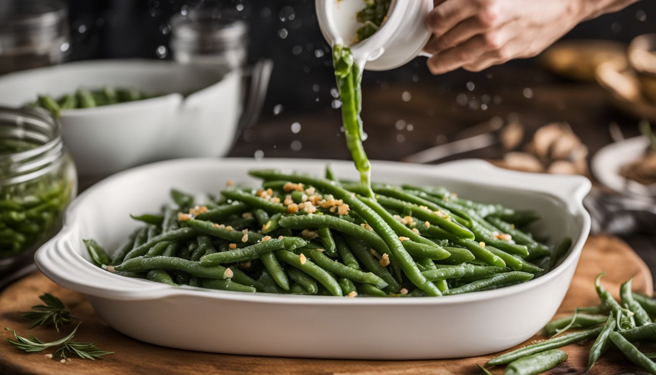 A pile of frozen green beans being poured into a casserole dish in a bustling kitchen setting.