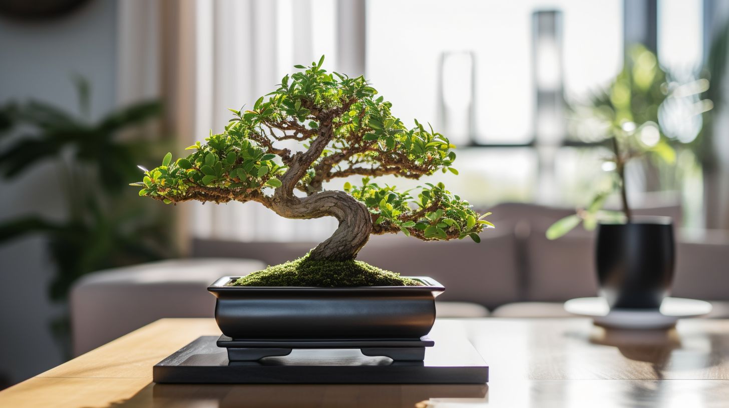A bonsai tree as a centerpiece on a modern table.