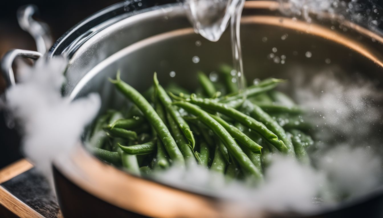 A photo of fresh green beans being blanched in a pot of boiling water surrounded by ice cubes.