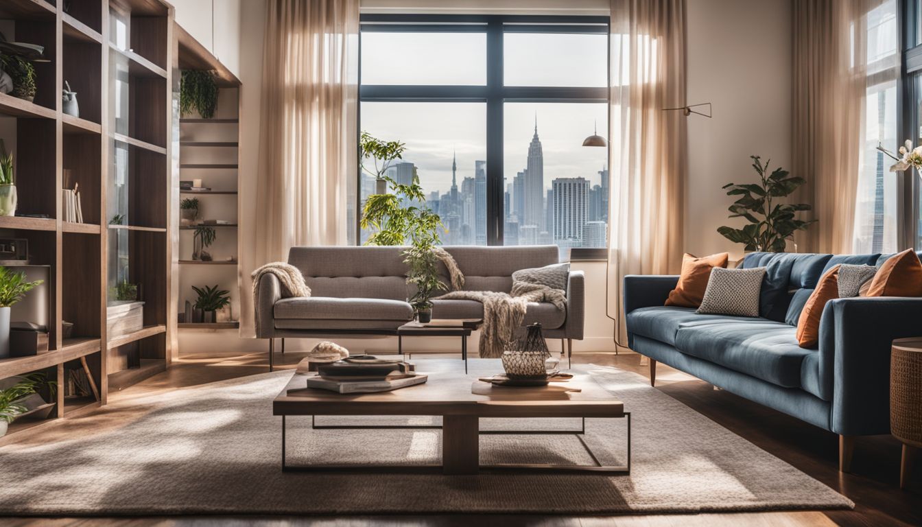 An open living room with a perfectly sized split system air conditioner and a bustling cityscape in the background.