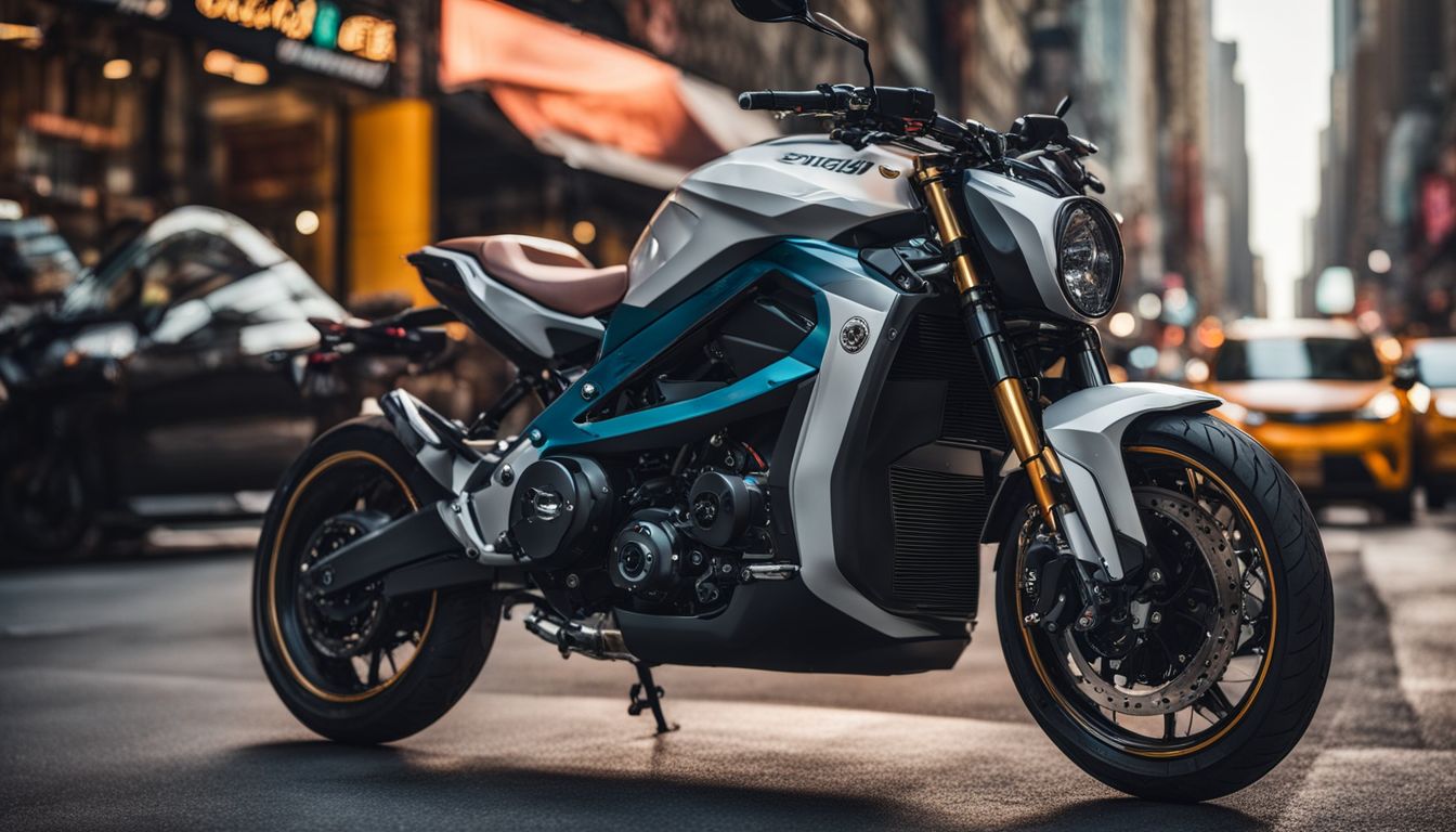 An electric motorcycle parked on a bustling New York City street.