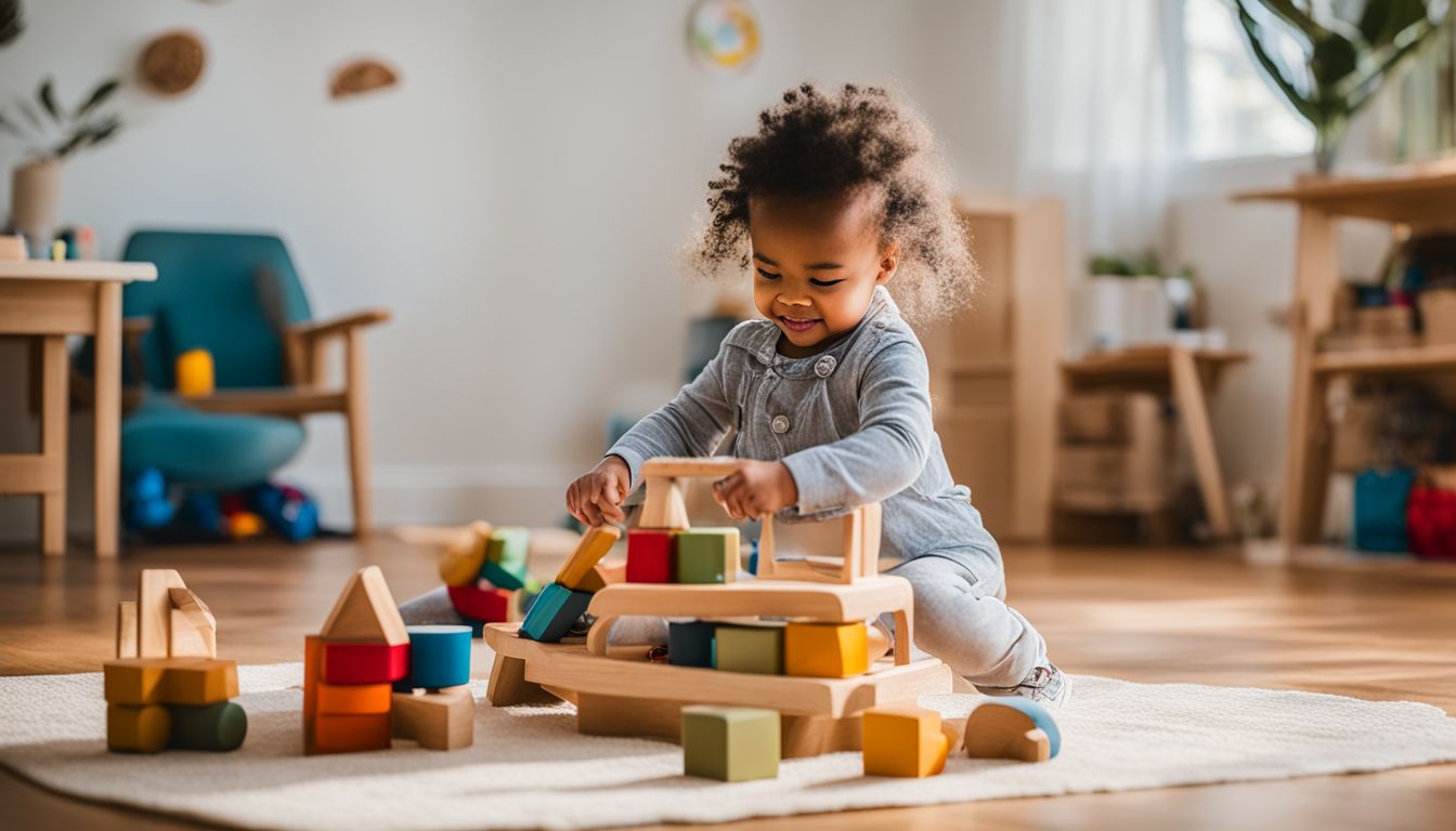 A toddler playing with Montessori wooden toys in a bright room.