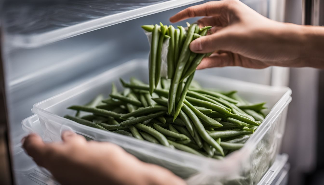 A hand grabbing a bag of frozen green beans from a well-stocked freezer in a bustling kitchen.