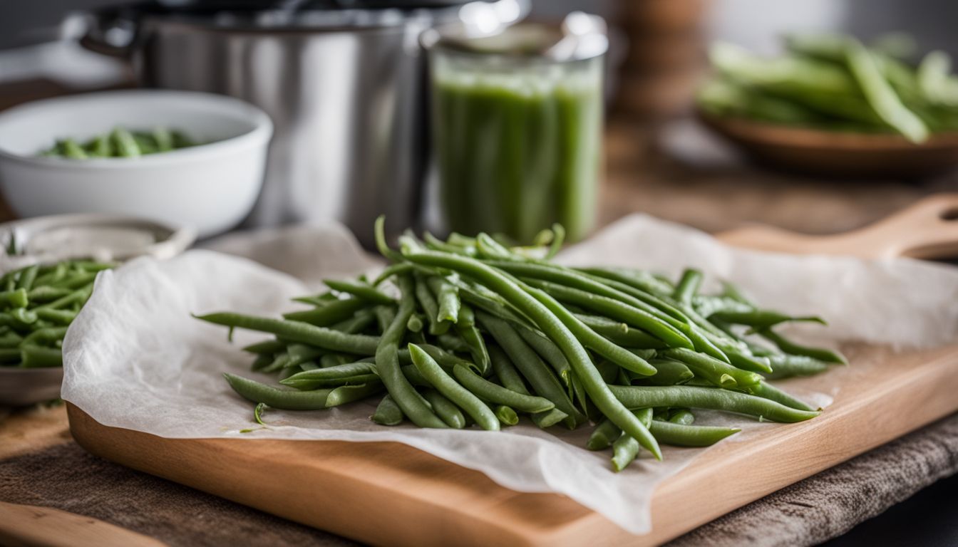 A bag of frozen green beans on a kitchen counter with cooking ingredients, captured with a DSLR camera.