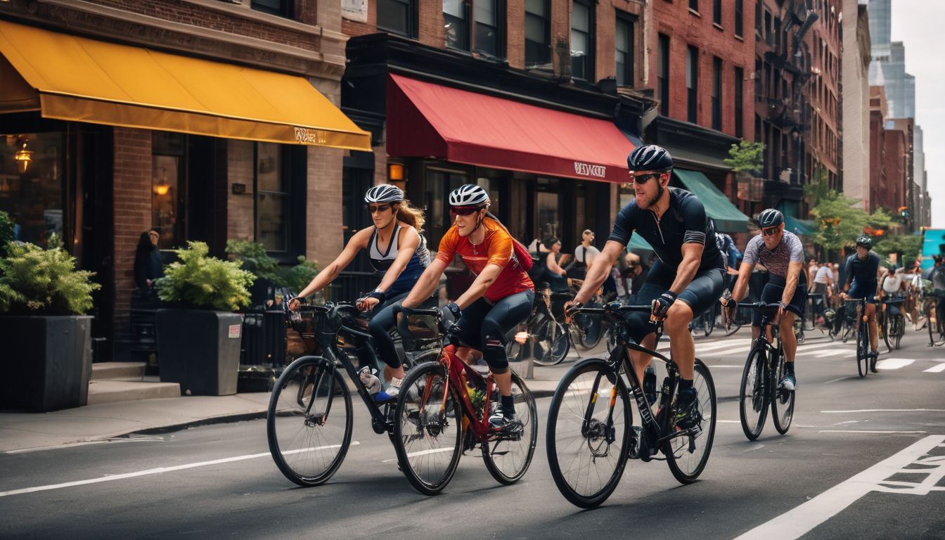 A diverse group of cyclists ride through vibrant NYC neighborhoods.