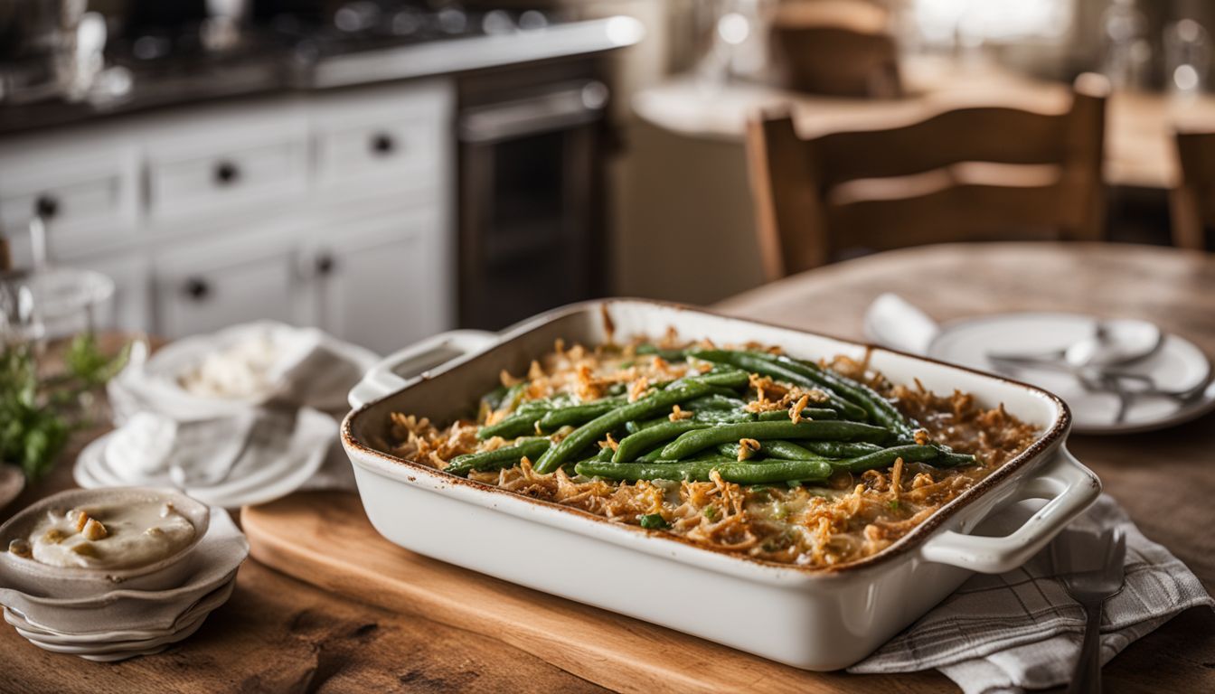 A rustic kitchen scene featuring a mouth-watering green bean casserole in a casserole dish.