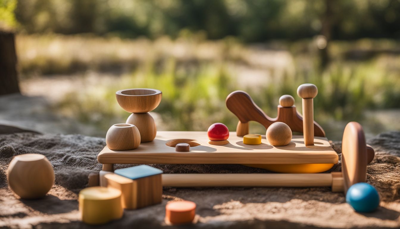 'Wooden Montessori baby toys displayed in a natural outdoor setting.'