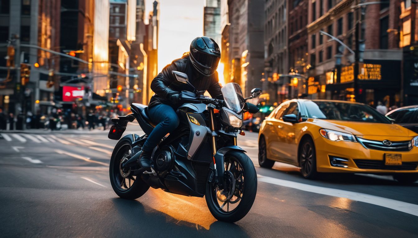 A rider on an electric motorcycle navigates through NYC streets at sunset.
