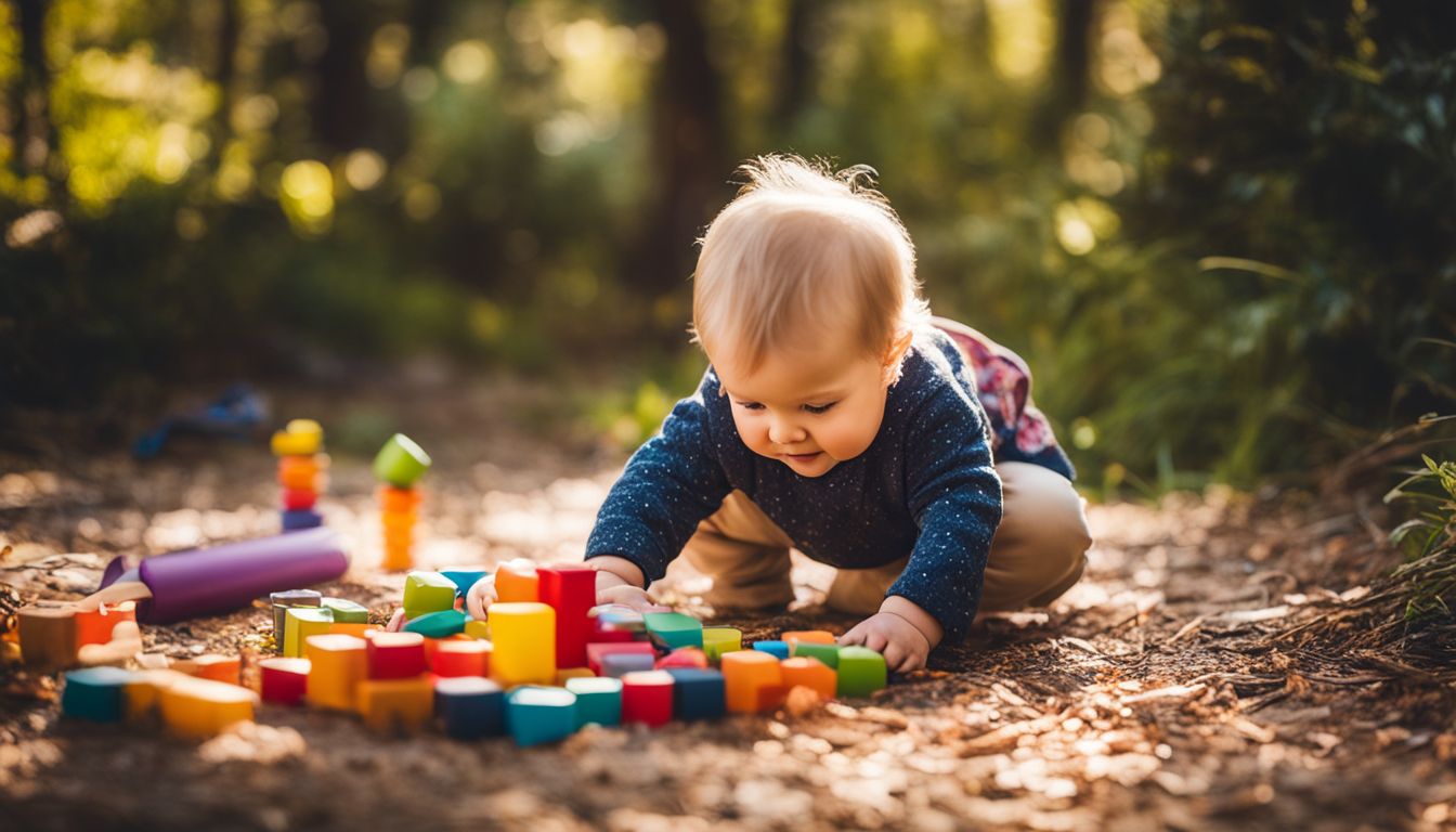 A toddler plays with Montessori baby toys in a natural outdoor setting.